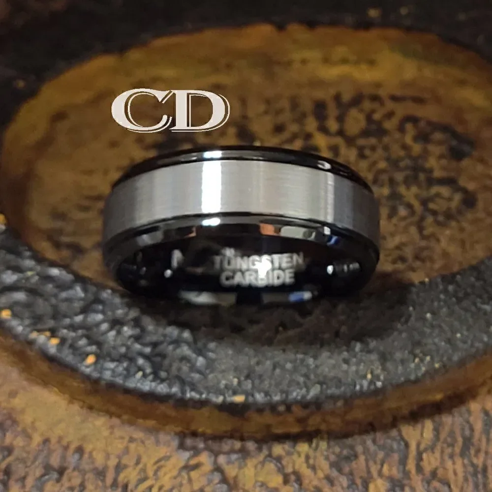 Engraved Men's Real Black and silver Tungsten Wedding Ring Black and Silver Band